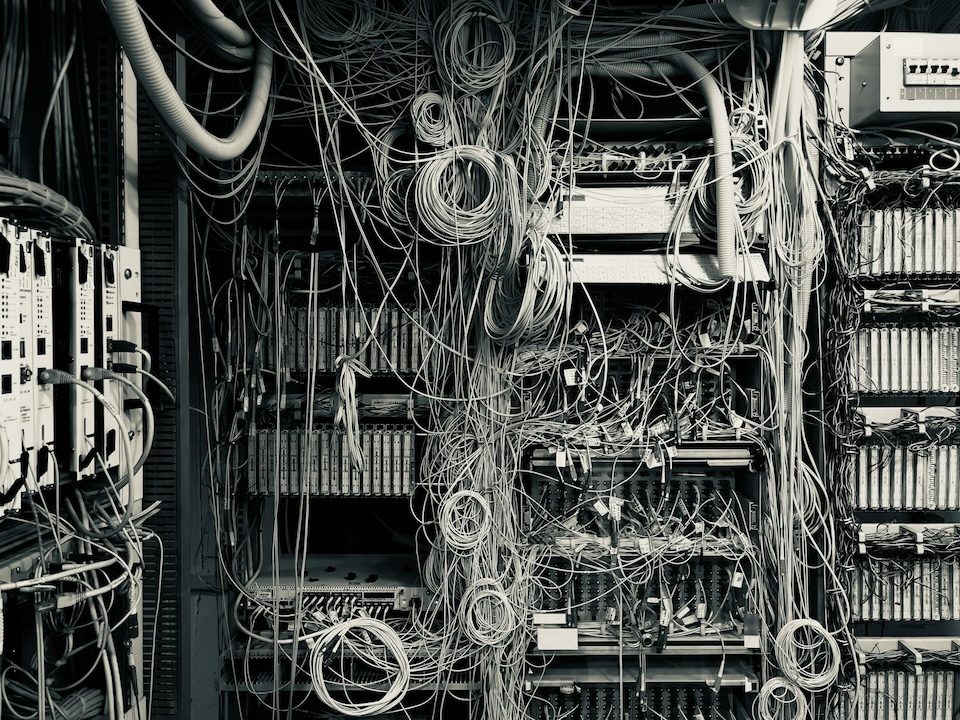 A server room with a complex network of connections